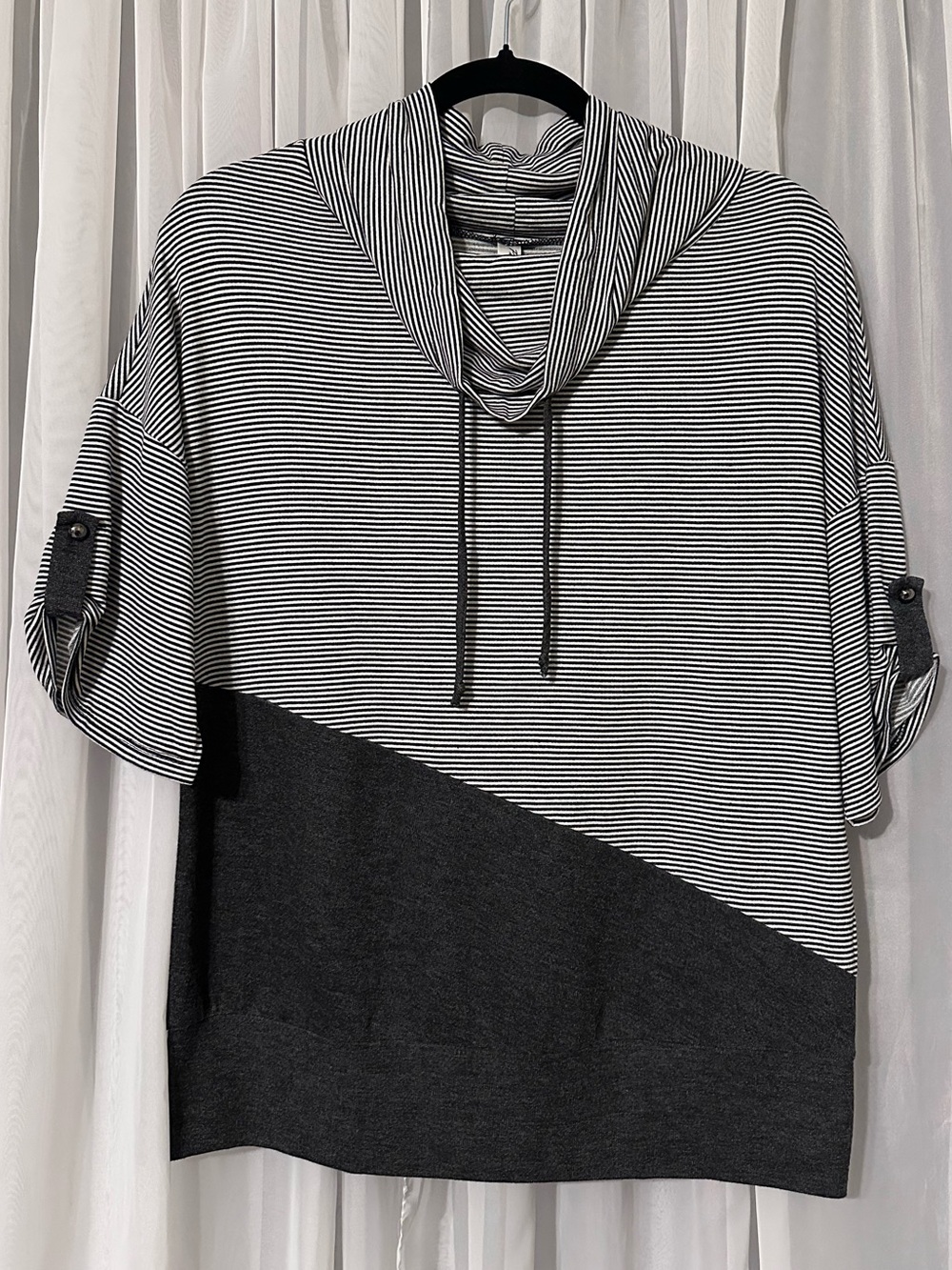 Perseption Concept Striped Cowl Neck Short Sleeve Charcoal and White Top size M